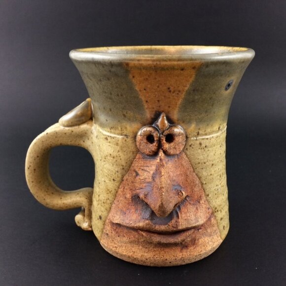 Handmade Funny Face Pottery Mug Tea Coffee Cup 8oz Stoneware Eyes and Nose - Picture 1 of 14